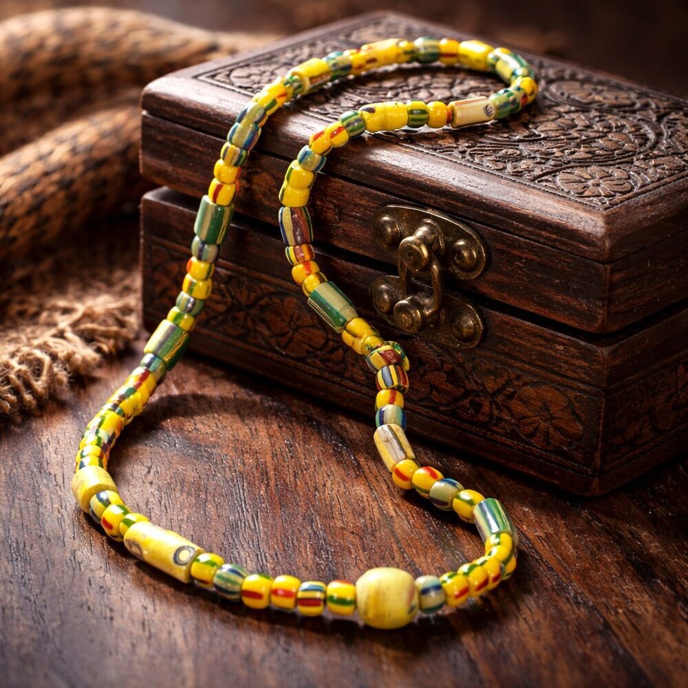 African Beaded Necklace in Colorful Yellow, Orange, Greens and Reds - New